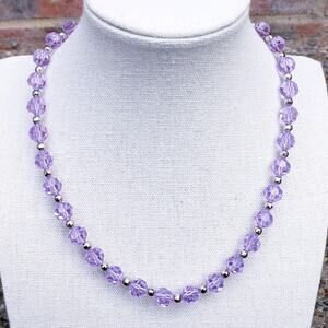 Swarovski Necklace Swan Signed Purple Lilac Crystal Beads‎ Silver Tone 16" - 18"